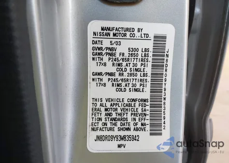 2003 Nissan Pathfinder Le from USA, damaged, VIN JN8DR09Y93W835942